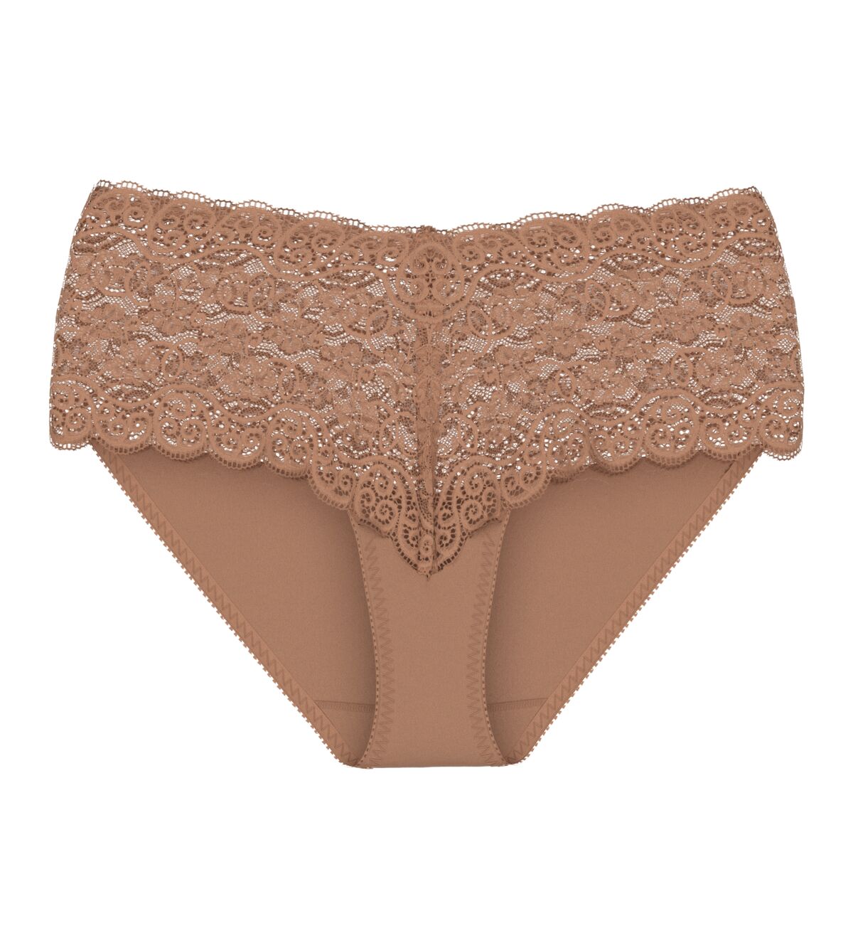 Triumph Amourette 300 maxi panty in Toast beige product-only view, with floral lace details and high-waist cut. Shop Now Online