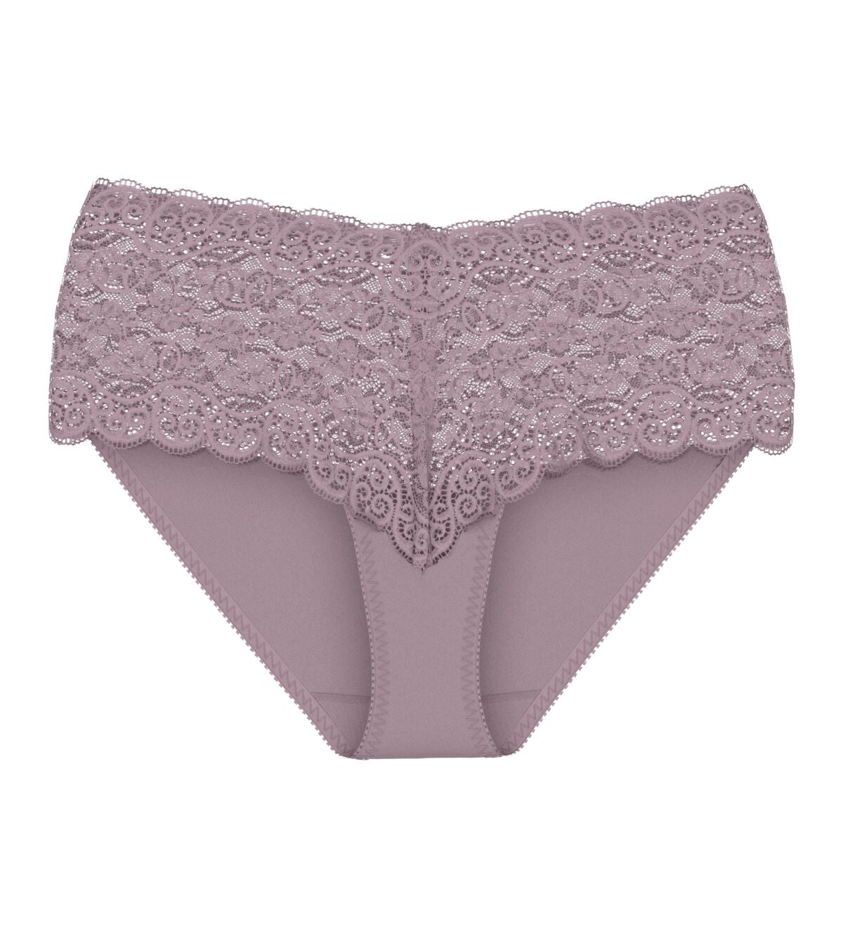 Triumph Amourette 300 maxi panty in purple product-only view, featuring high-waisted floral lace and smooth microfiber back. Find Online Now