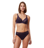 Triumph Amourette 300 tai panty in Blackcurrant Juice purple model full front view, with floral stretch lace. Available Now at Blue Salon Qatar