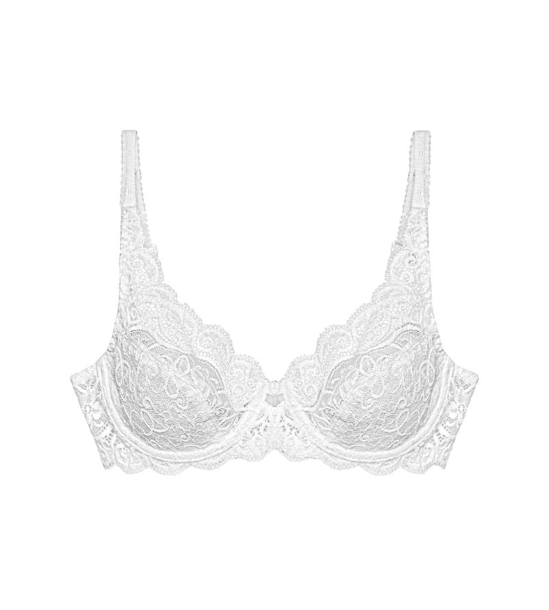 Triumph Amourette 300 white non-wired bra front product-only view, featuring unpadded floral lace cups. Available Now at Blue Salon Qatar