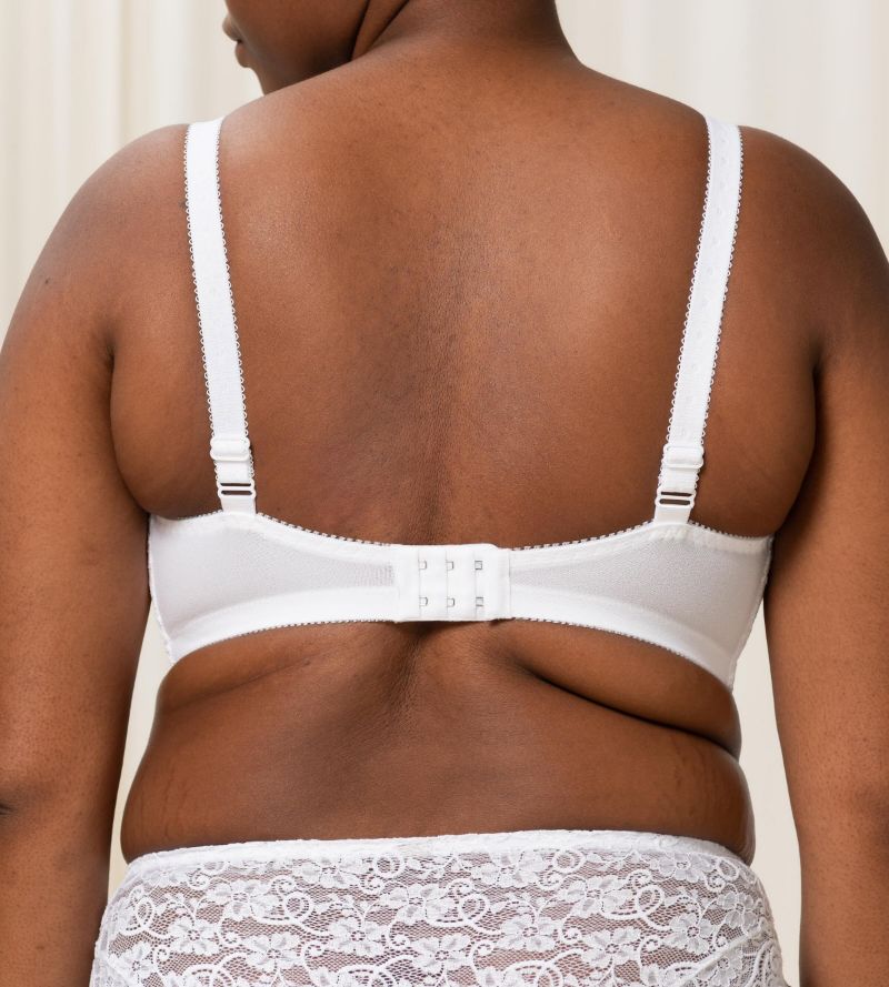 Triumph Amourette 300 white non-wired bra second model back view, featuring unpadded floral lace cups and adjustable straps. Available Now at Blue Salon Qatar