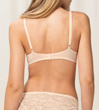 Triumph Amourette 300 wired bra in light beige model back view, showing adjustable straps and featuring unpadded floral lace cups. Available Now Online