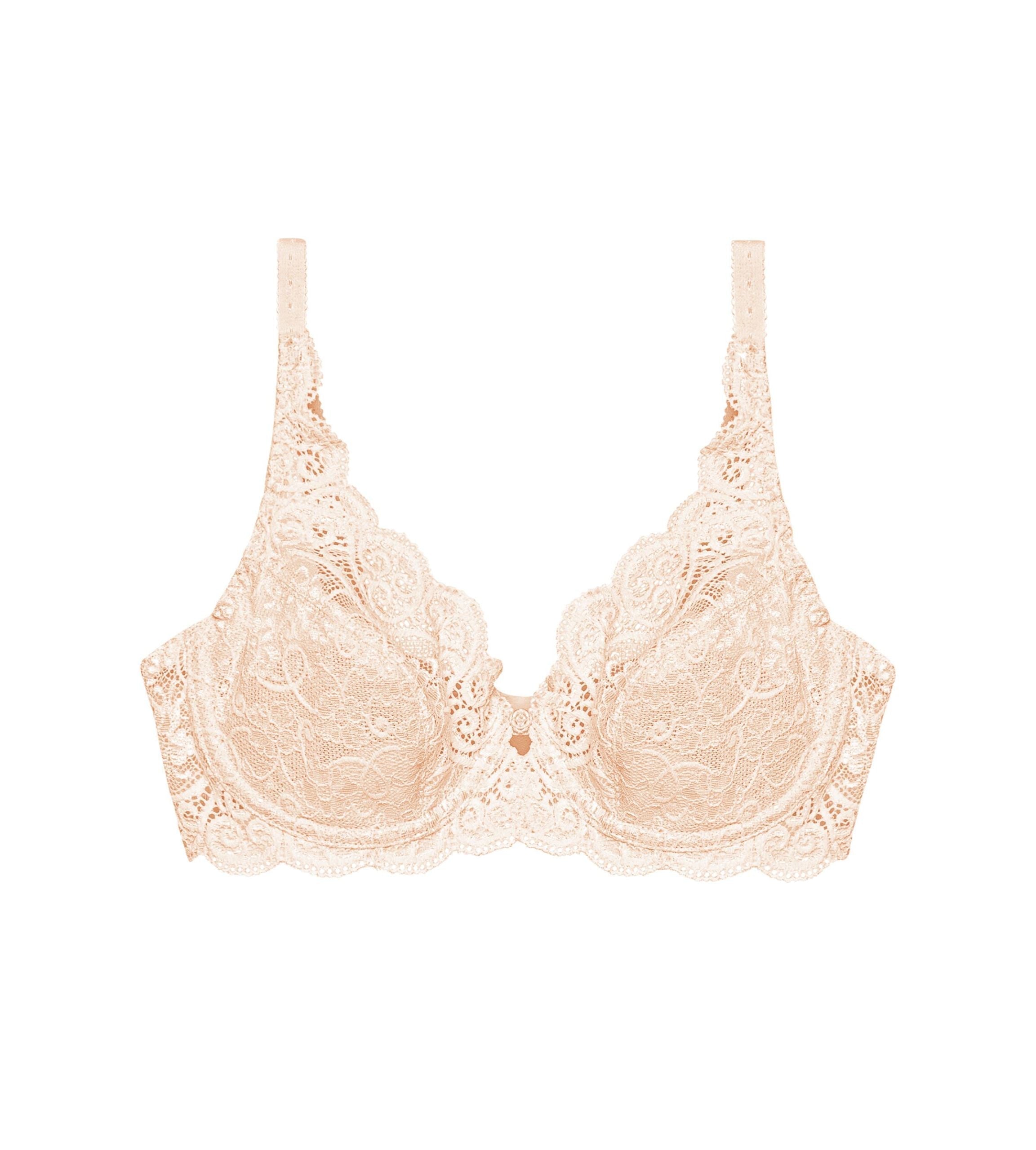Triumph Amourette 300 wired bra in light beige product-only view, featuring unpadded floral lace cups. Available Now Online