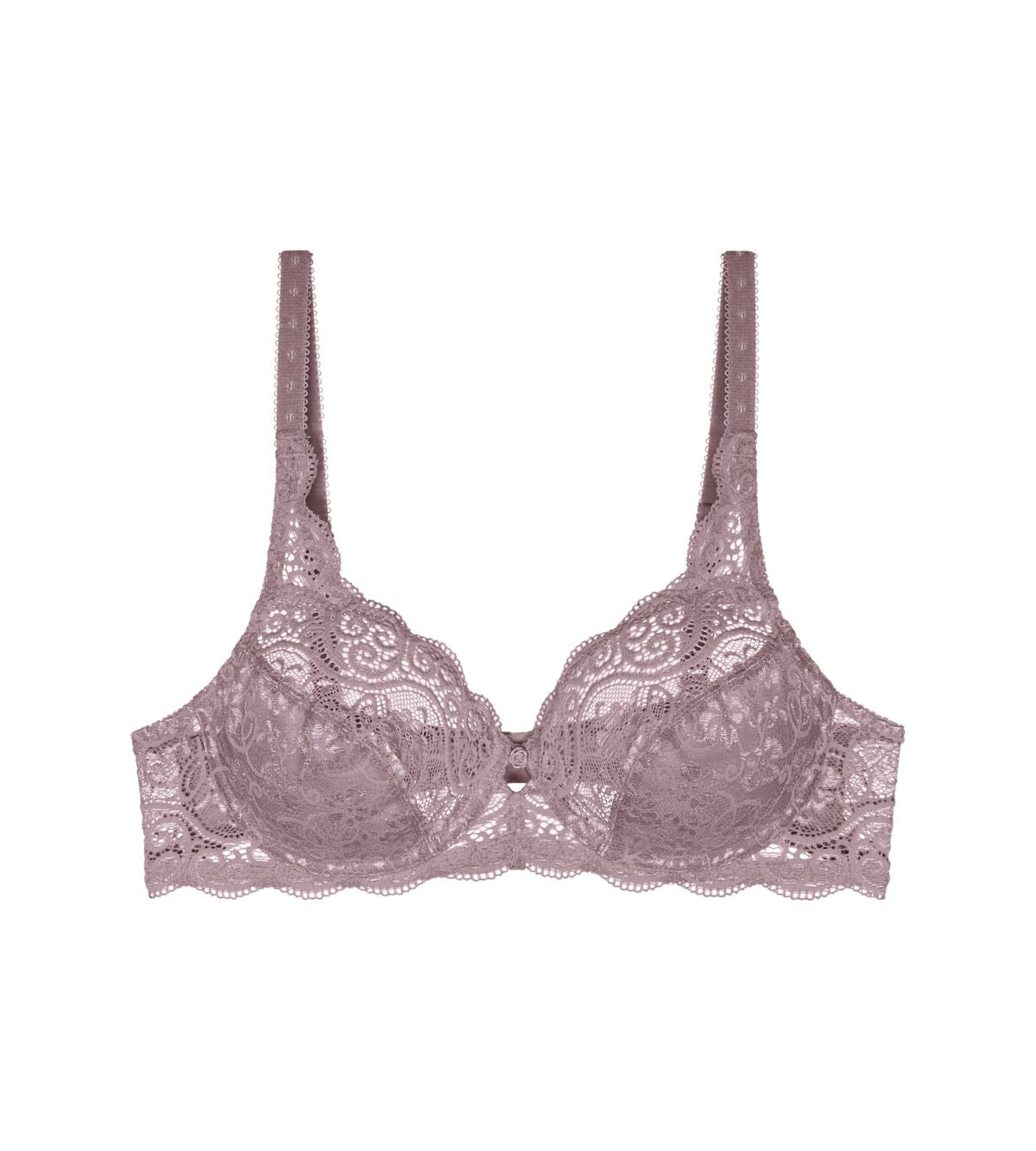 Triumph Amourette 300 wired bra in purple product-only view, featuring unpadded floral lace cups and supportive underwiring. Find Online Today