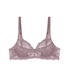 Triumph Amourette 300 wired bra in purple product-only view, featuring unpadded floral lace cups and supportive underwiring. Find Online Today