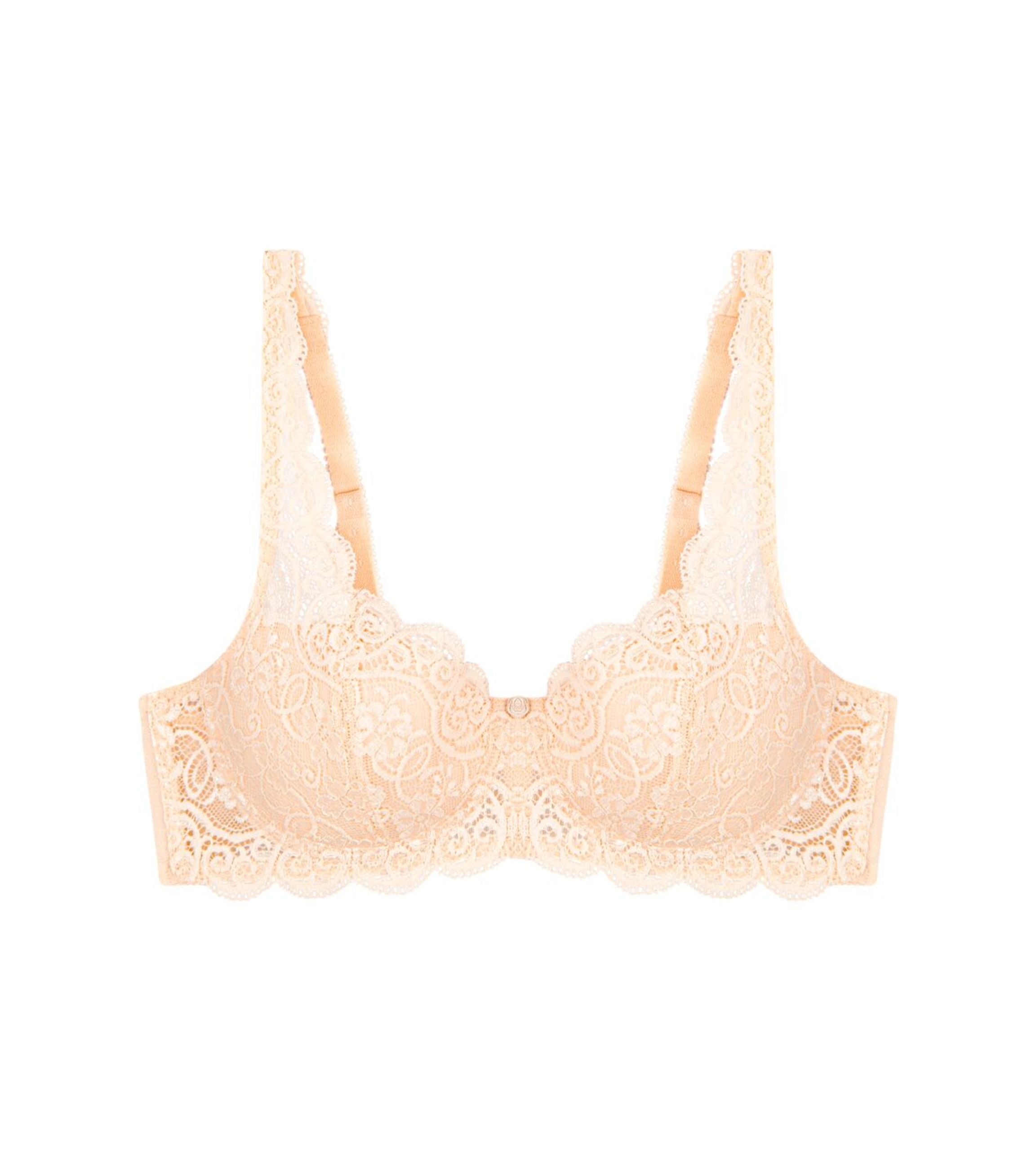 Triumph Amourette 300 wired padded bra in light beige product-only view, showing the floral lace overlay and smooth padded cups. Available for Online Purchase