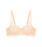 Triumph Amourette 300 wired padded bra in light beige product-only view, showing the floral lace overlay and smooth padded cups. Available for Online Purchase
