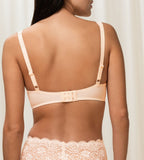 Triumph Amourette 300 wired padded bra in light beige third model back view, showing adjustable straps and the floral lace overlay and smooth padded cups. Available for Online Purchase
