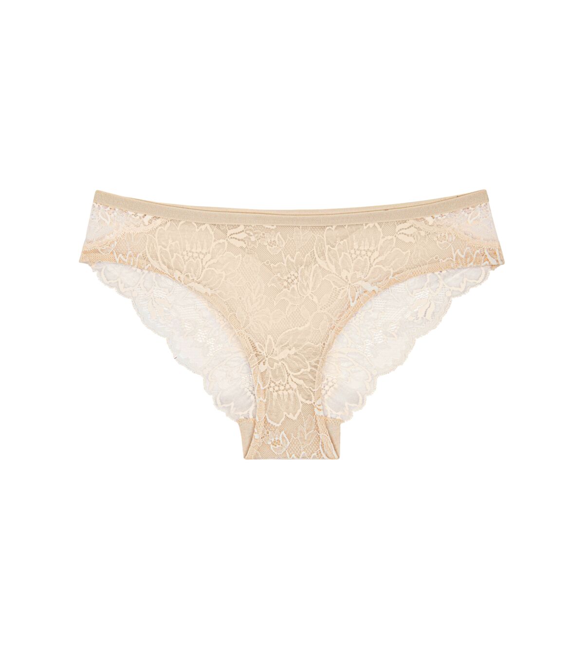 Triumph Amourette Charm Brazilian panties in light beige product-only view, featuring semi-transparent floral lace and flat edges. Available Now at Blue Salon Qatar
