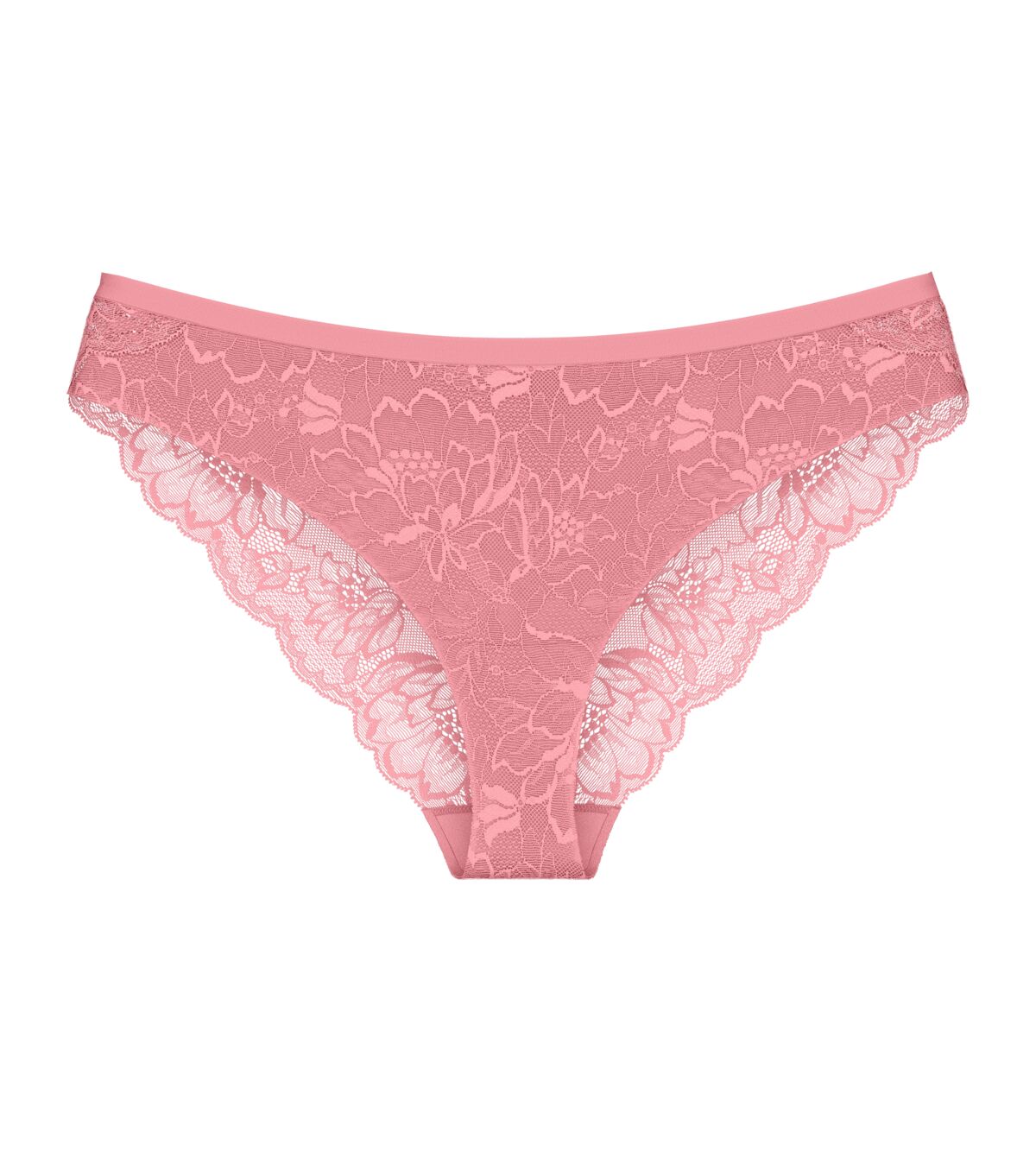 Triumph Amourette Charm Brazilian panties in pink product-only view, showcasing the floral lace and modern cheeky cut. Order Online Today