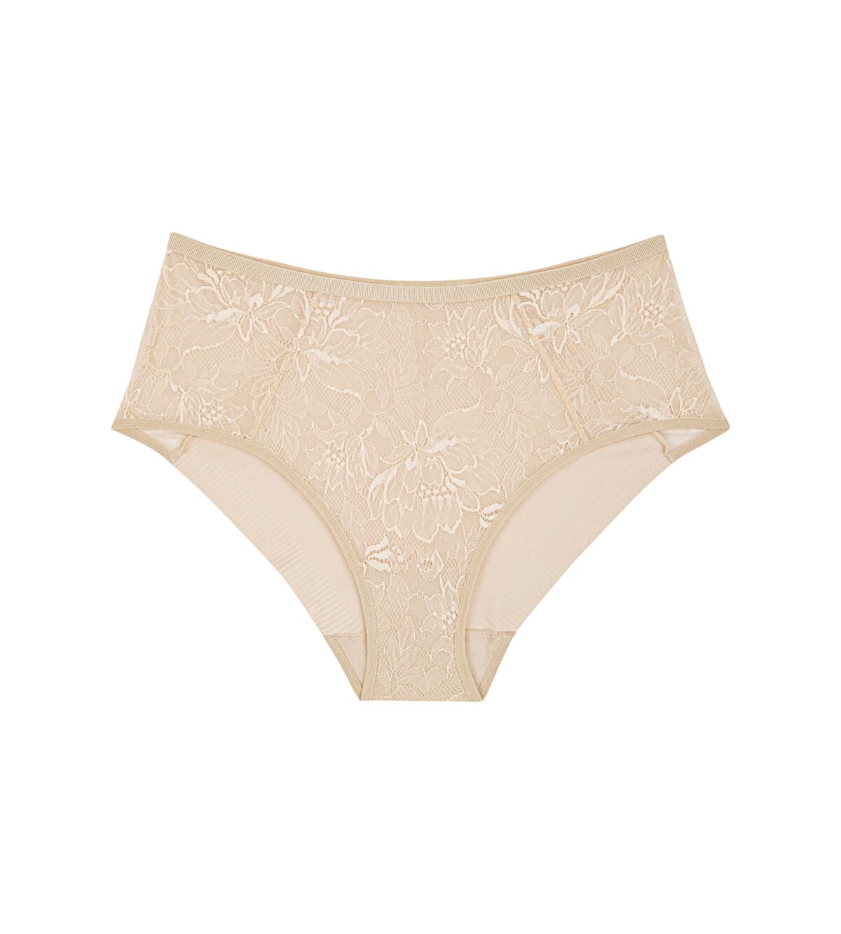 Triumph Amourette Charm maxi panties in light beige product-only view, showing the high-waist lace front and smooth microfiber back. Order Online Today
