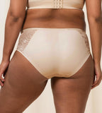 Triumph Amourette Charm maxi panties in light beige second model back view, showing the high-waist lace front and smooth microfiber back. Order Online Today