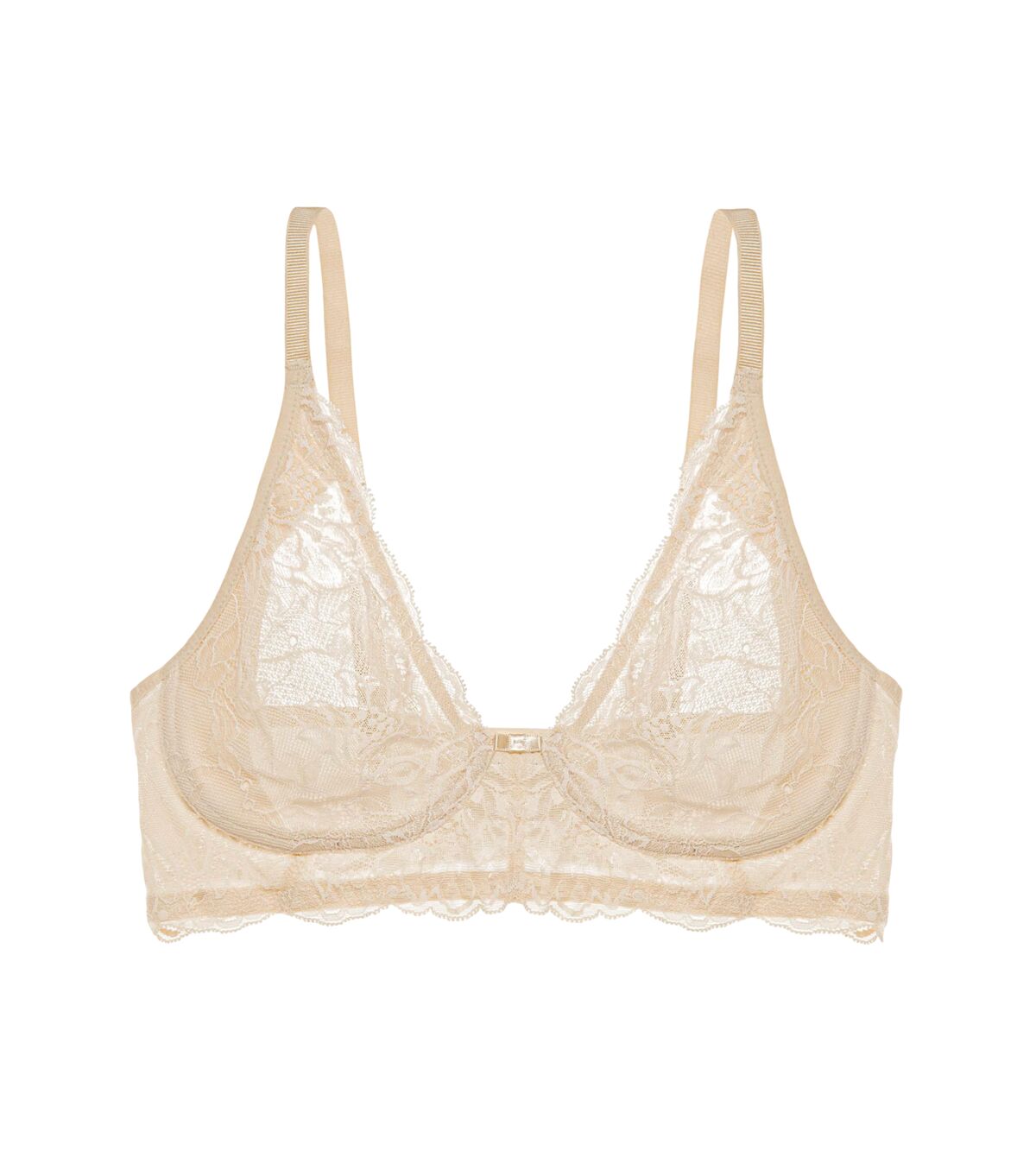 Triumph Amourette Charm non-wired bra in light beige product-only view, showing the floral lace cups and plunge neckline. Available for Online Purchase