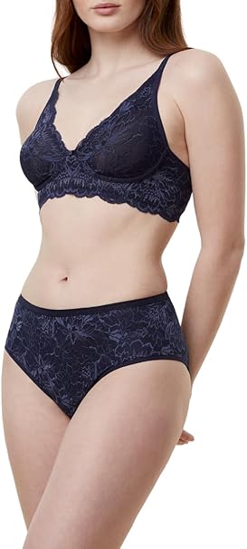 Triumph Amourette Charm non-wired bra in navy blue model full front view, showcasing the intricate lace cups and supportive wide under-bust band. Available for Online Purchase