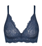 Triumph Amourette Charm non-wired bra in navy blue product-only view, showcasing the floral design and the intricate lace plunge neckline. Find Now Online