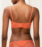 Triumph Amourette Charm non-wired bra in orange model back view, showing adjustable straps, featuring floral stretch lace. Shop Online Today
