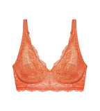 Triumph Amourette Charm non-wired bra in orange product-only view, featuring floral stretch lace and a plunging neckline. Shop Online Today