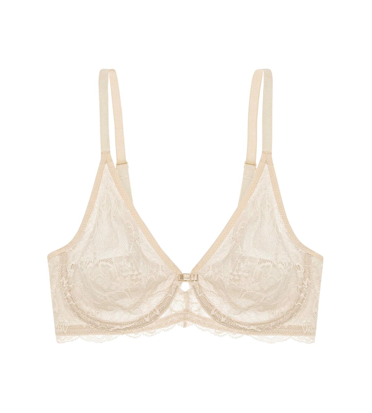Triumph Amourette Charm wired bra in light beige product-only view, showing the floral lace cups and supportive underwired construction. Available Now Online
