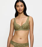 Triumph Amourette Charm wired padded bra in Martini Olive green model front view, showcasing the lace-covered cups and supportive underwired design. Shop Now Online