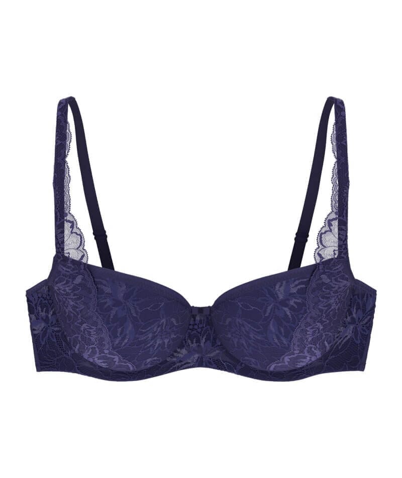Triumph Amourette Charm wired padded bra in navy blue product-only view, showing the lace-covered cups and supportive underwired design. Available at Blue Salon Qatar