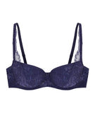 Triumph Amourette Charm wired padded bra in navy blue product-only view, showing the lace-covered cups and supportive underwired design. Available at Blue Salon Qatar
