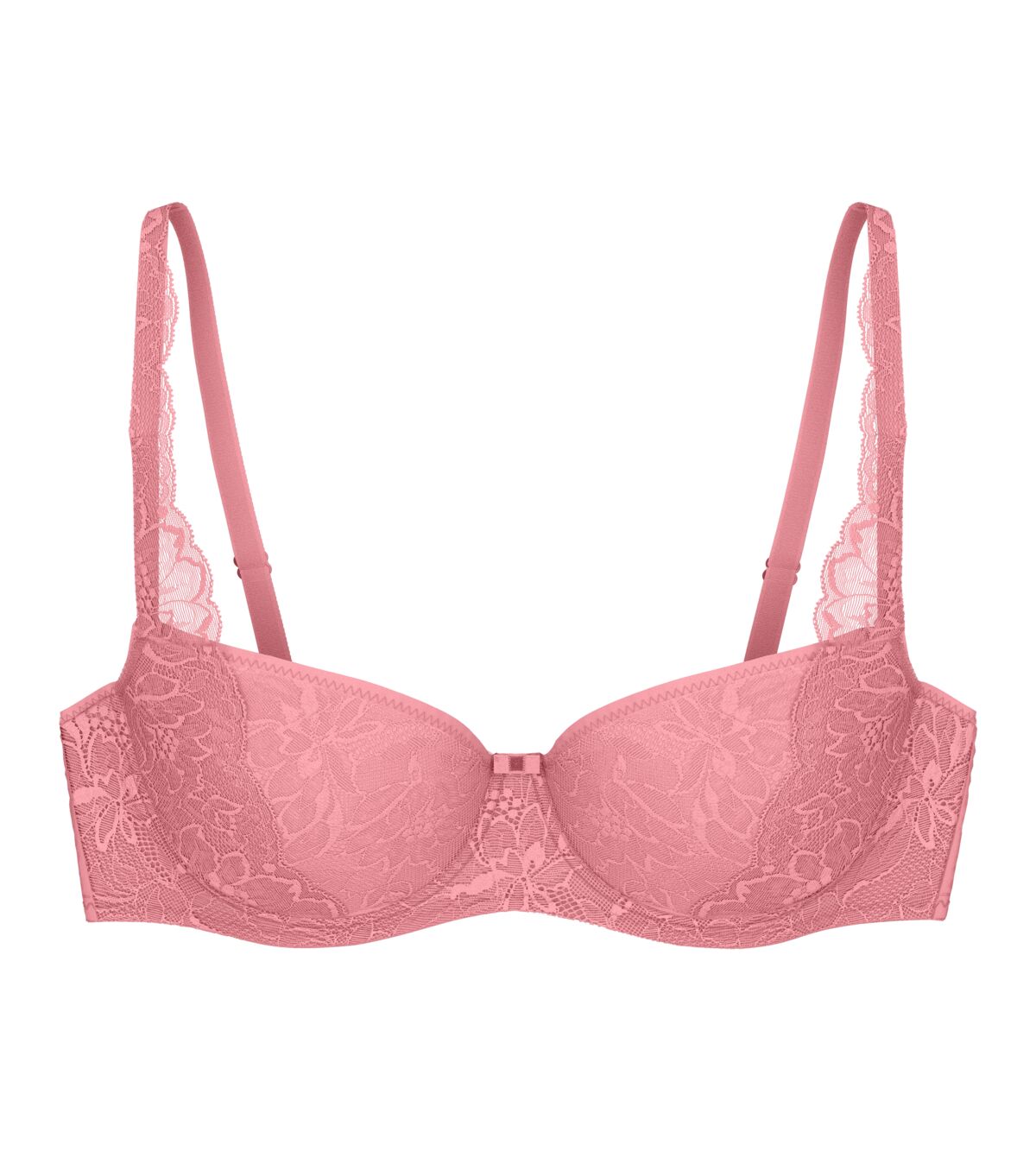 Triumph Amourette Charm wired padded bra in pink product-only view, showcasing the lace-covered cups and supportive underwired design. Order Online Today