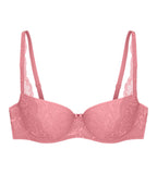 Triumph Amourette Charm wired padded bra in pink product-only view, showcasing the lace-covered cups and supportive underwired design. Order Online Today