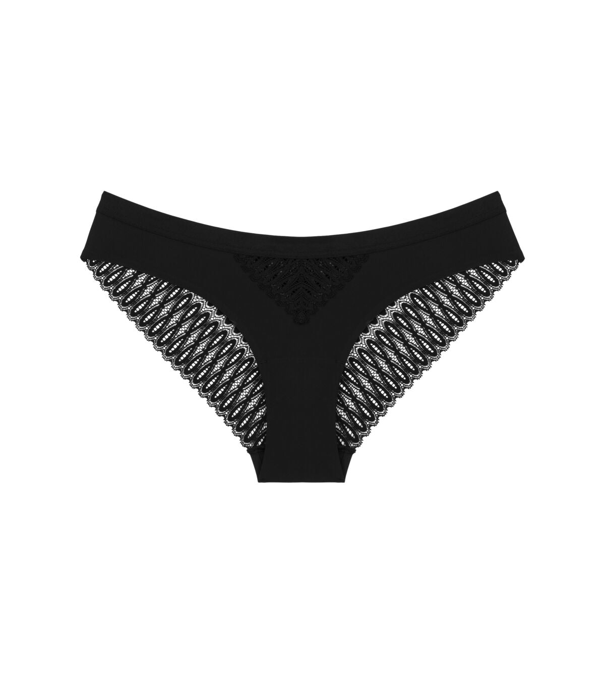 Triumph Aura Spotlight Brazilian panty in black product-only view, showing the smooth microfiber and decorative lace. Shop Online Today