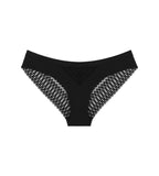 Triumph Aura Spotlight Brazilian panty in black product-only view, showing the smooth microfiber and decorative lace. Shop Online Today