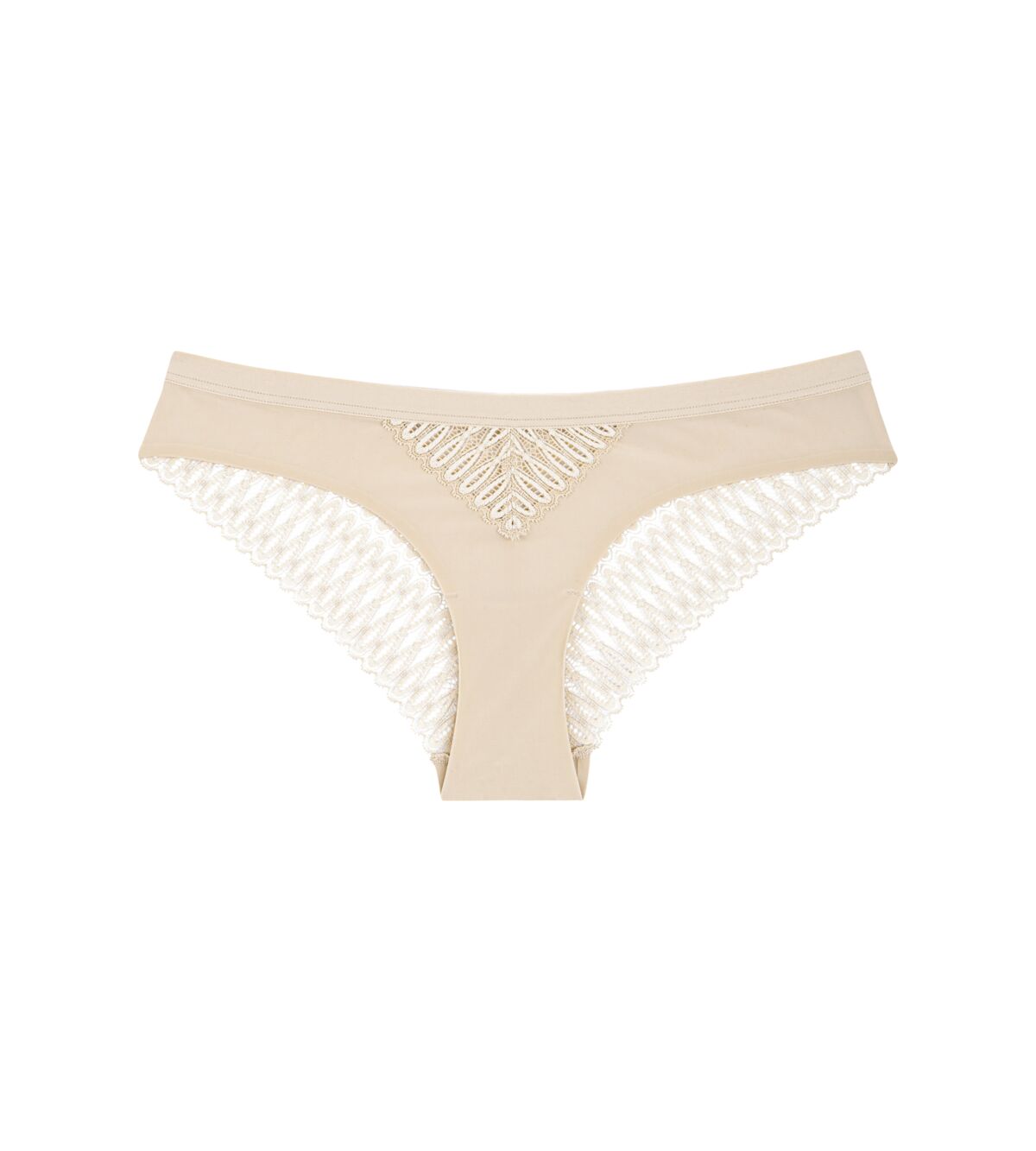 Triumph Aura Spotlight Brazilian panty in light beige product-only view, showcasing the graphic lace and smooth microfiber. Available Online Today