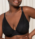 Triumph Aura Spotlight black wired padded bra second model close-up view, detailing the lace-covered cups and supportive underwire. Shop Online