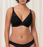 Triumph Aura Spotlight black wired padded bra third model front view, showcasing the lace-covered cups and supportive underwire. Shop Online