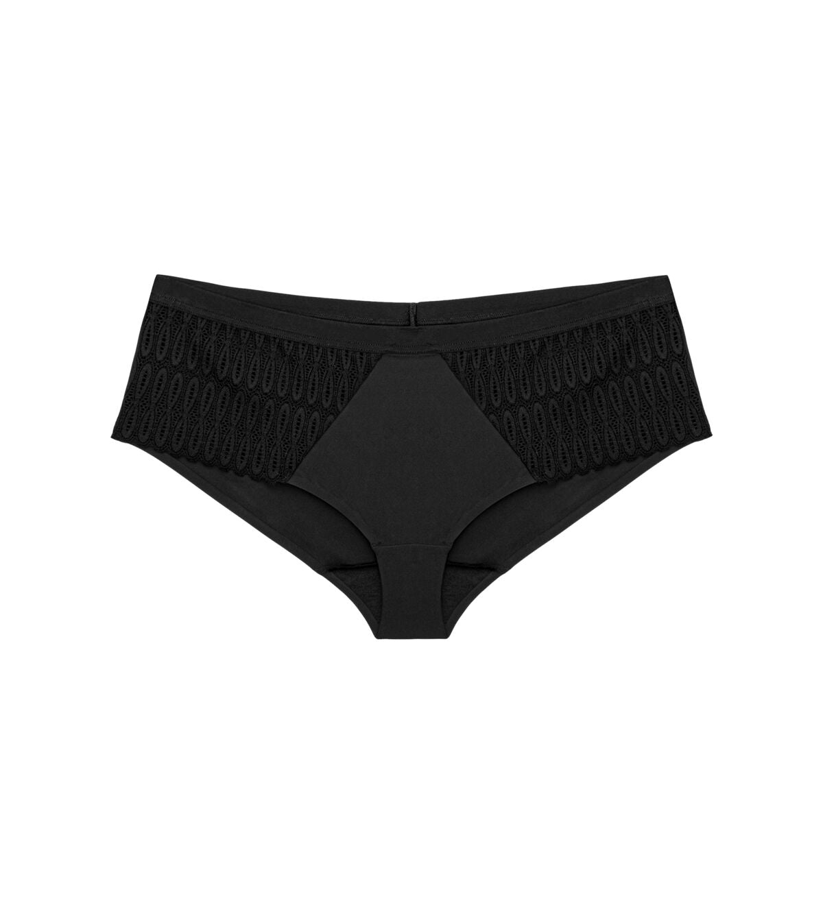 Triumph Aura Spotlight maxi panty in black product-only view, highlighting the high-waist fit and decorative lace side panels. Available for Online Purchase