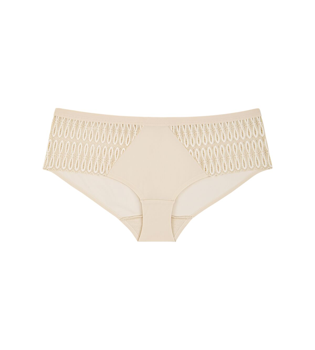 Triumph Aura Spotlight maxi panty in light beige product-only view, showing the high-waist design and decorative side lace. Now Available Online