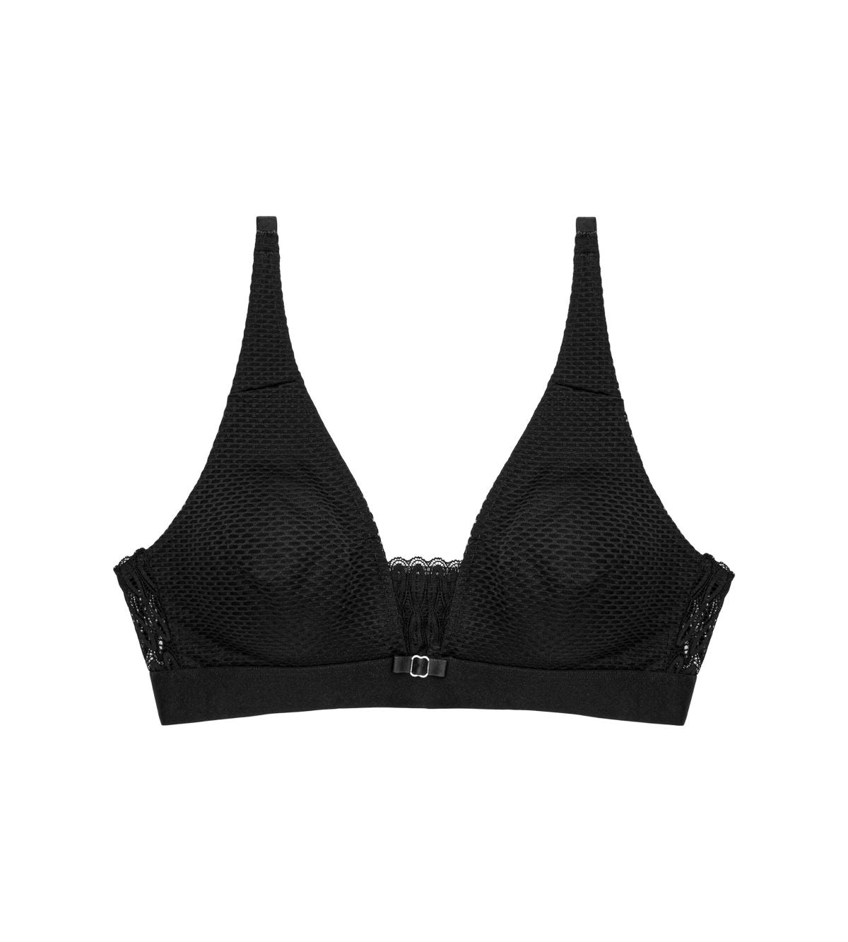 Triumph Aura Spotlight non-wired bra in black product-only view, highlighting the plunging lace neckline and comfortable wireless design. Find Now Online