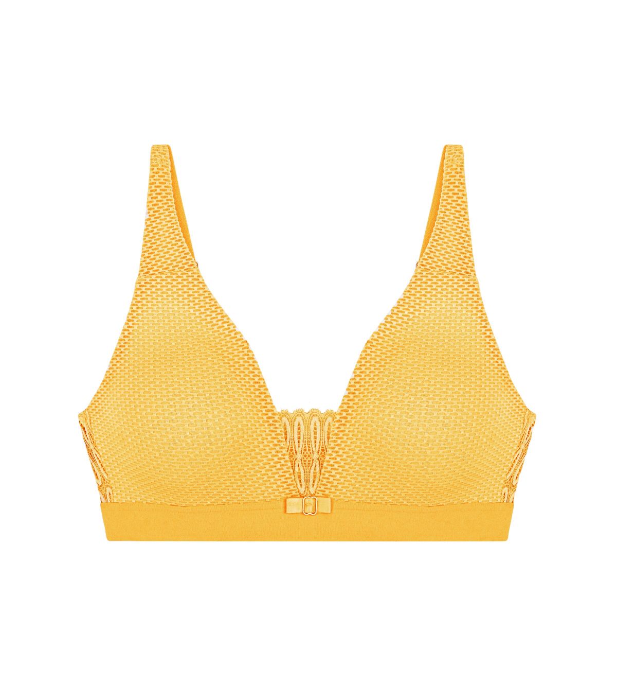 Triumph Aura Spotlight non-wired bra in yellow product-only view, showcasing the vibrant floral lace and supportive wireless design. Shop the Latest Online