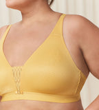 Triumph Aura Spotlight non-wired bra in yellow third model close-up view, showing details of the vibrant floral lace. Shop the Latest Online
