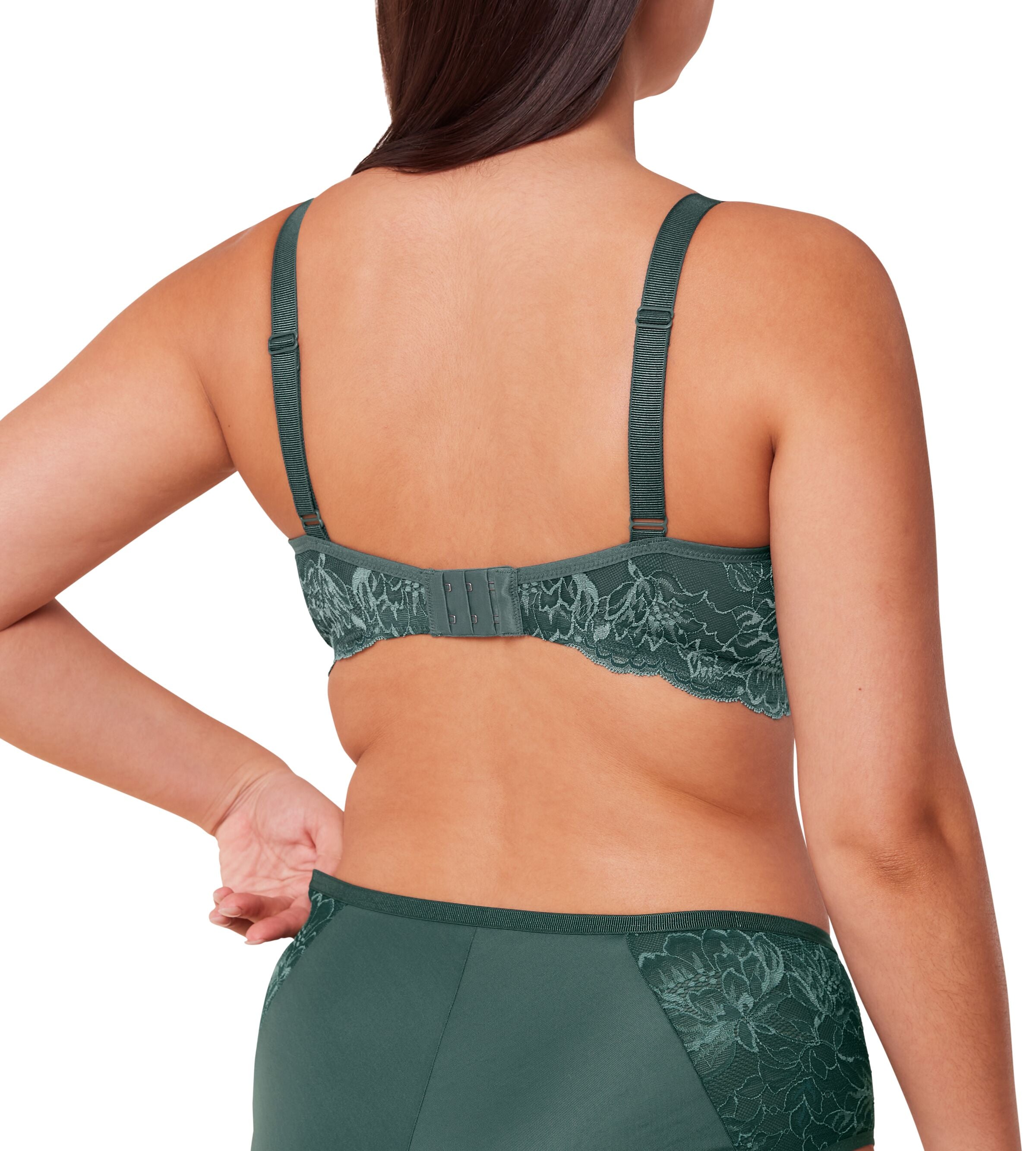Triumph Aura Spotlight wired bra in Smoky Green model back view, showcasing adjustable straps and the graphic lace design with the mesh side wings. Available Today Online