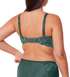 Triumph Aura Spotlight wired bra in Smoky Green model back view, showcasing adjustable straps and the graphic lace design with the mesh side wings. Available Today Online