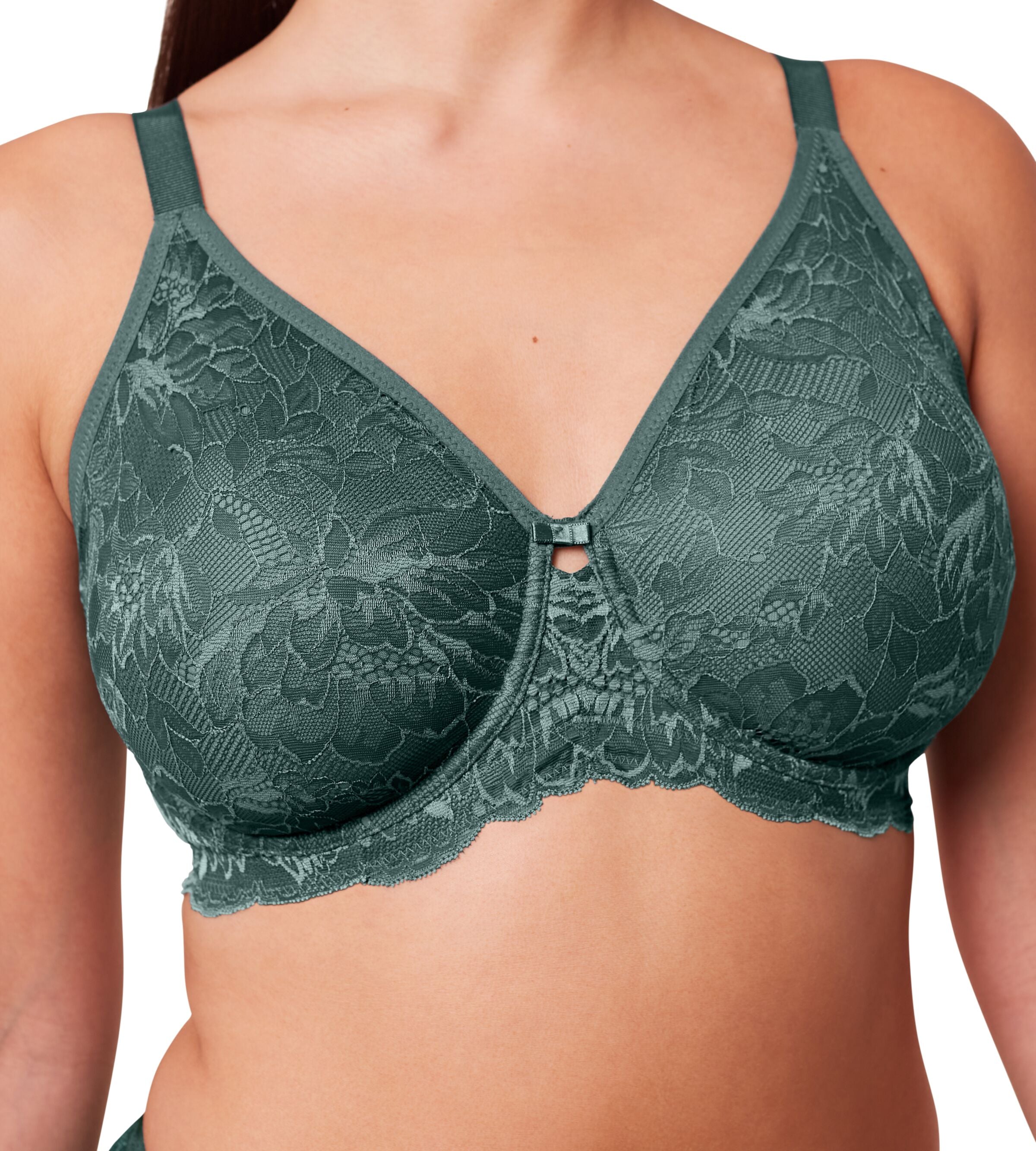 Triumph Aura Spotlight wired bra in Smoky Green model close-up view, detailing the graphic lace cups and mesh side wings. Available Today Online