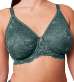 Triumph Aura Spotlight wired bra in Smoky Green model close-up view, detailing the graphic lace cups and mesh side wings. Available Today Online