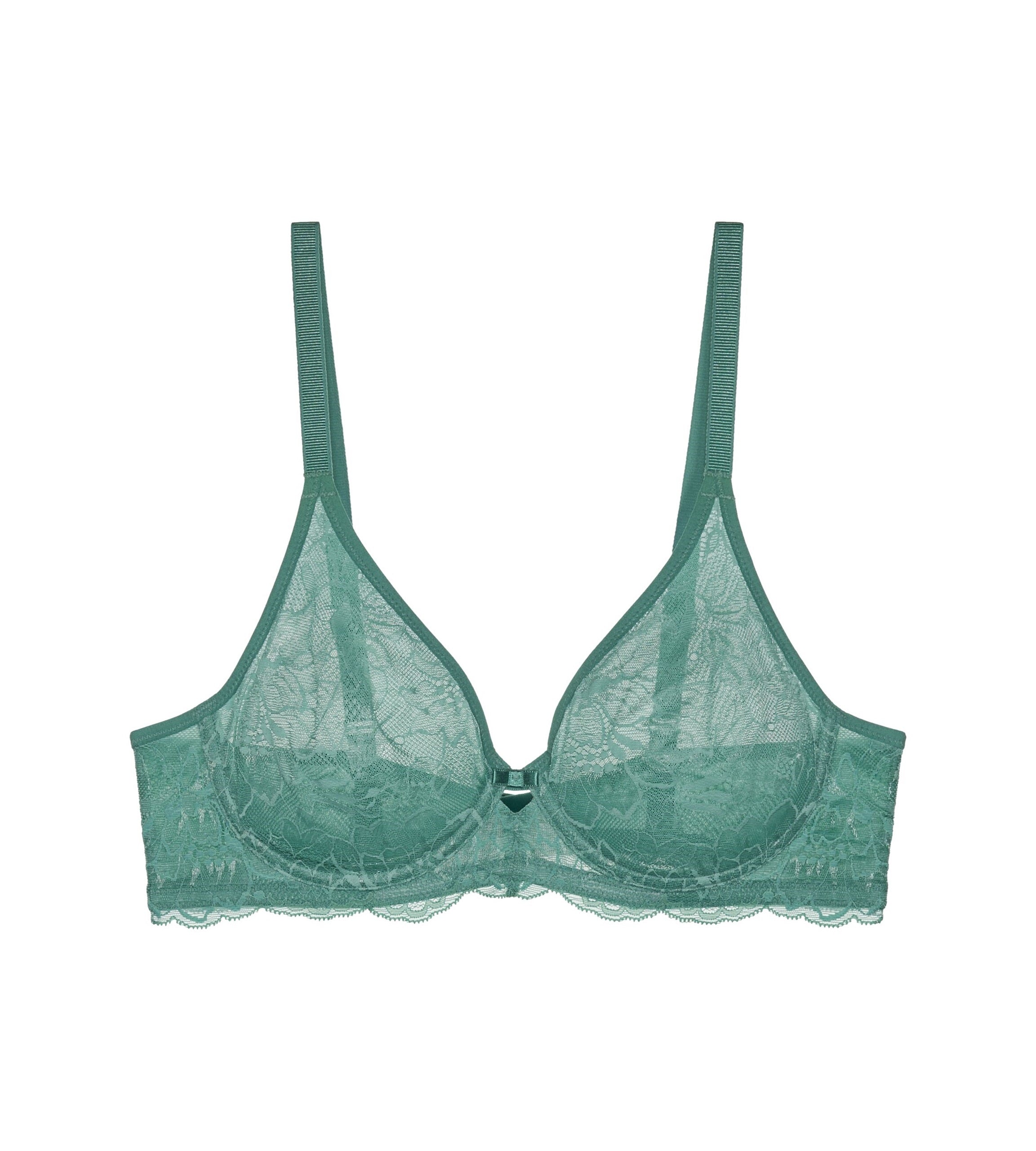 Triumph Aura Spotlight wired bra in green product-only view, showcasing the graphic lace cups and supportive underwired design. Shop Online Today