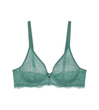 Triumph Aura Spotlight wired bra in green product-only view, showcasing the graphic lace cups and supportive underwired design. Shop Online Today