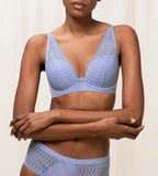 Triumph Aura Spotlight wired padded bra in Purple Dust model front view, highlighting the lace-overlaid cups and comfortable underwire design. Shop the Latest Online.
