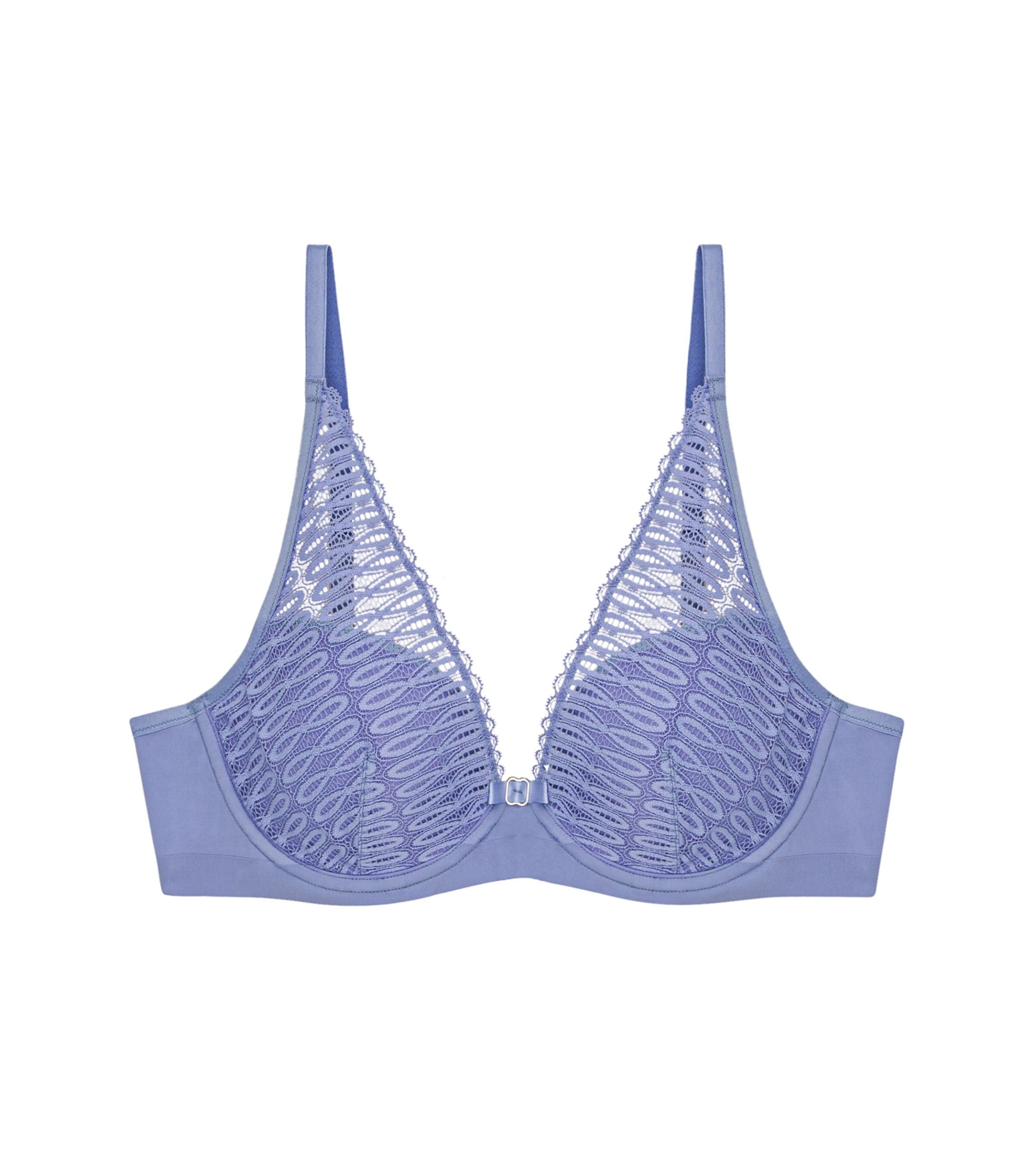 Triumph Aura Spotlight wired padded bra in Purple Dust product-only view, highlighting the lace-overlaid cups and comfortable underwire design. Shop the Latest Online.