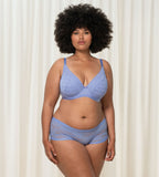 Triumph Aura Spotlight wired padded bra in Purple Dust second model full front view, highlighting the lace-overlaid cups and comfortable underwire design. Shop the Latest Online.