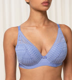 Triumph Aura Spotlight wired padded bra in Purple Dust third model close-up view, highlighting the lace-overlaid cups and comfortable underwire design. Shop the Latest Online.