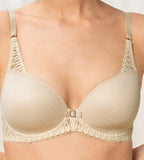 Triumph Aura Spotlight wired padded bra in light beige model close-up view, detailing the lace-overlaid cups and comfortable underwired design. Available Online