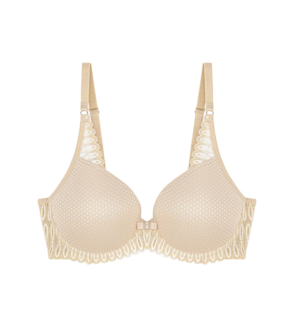 Triumph Aura Spotlight wired padded bra in light beige product-only view, showing the lace-overlaid cups and comfortable underwired design. Available Online