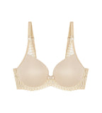Triumph Aura Spotlight wired padded bra in light beige product-only view, showing the lace-overlaid cups and comfortable underwired design. Available Online